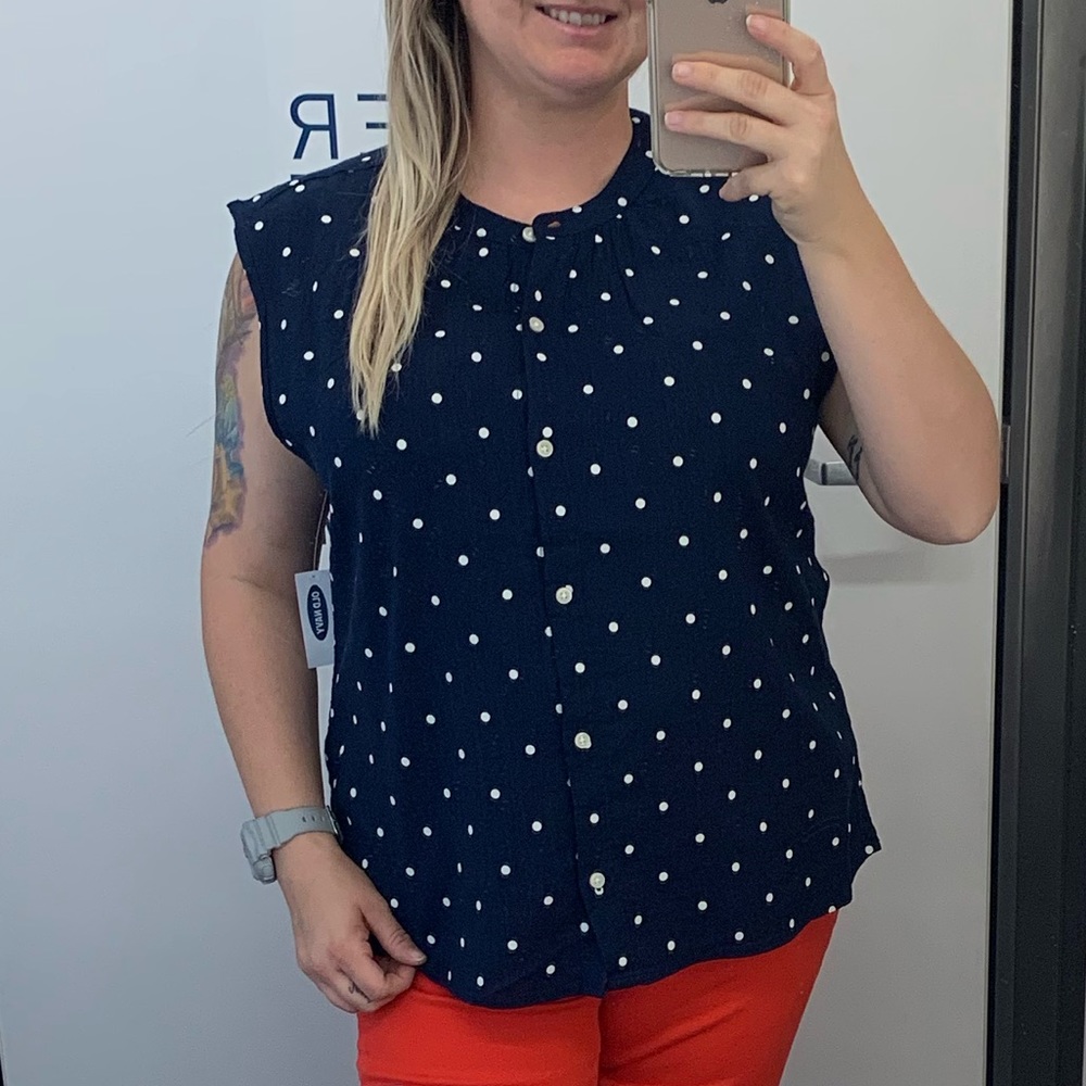 Polka Dot Sleeveless Button Down